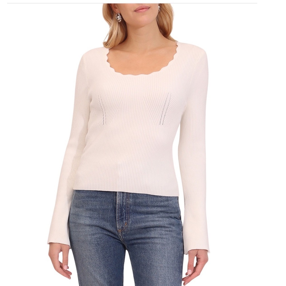 Bagatelle Womens Flare Sleeve Sweater‎ Cream Scalloped Neck Ribbed Knit XL NEW